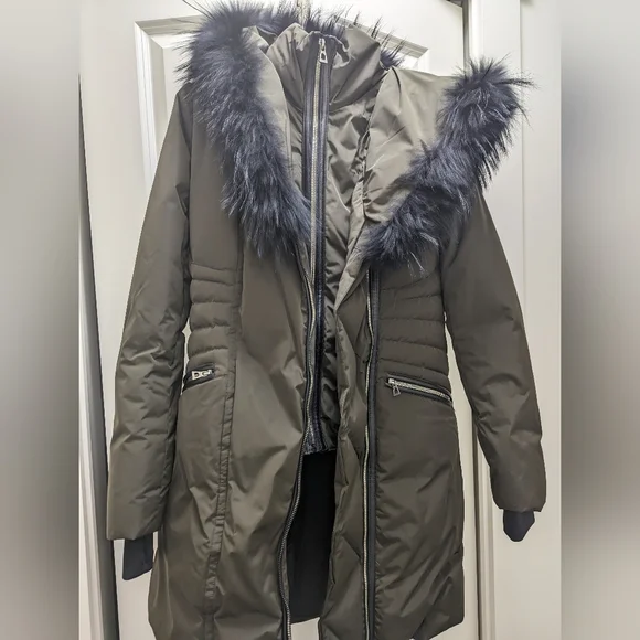 Rudsak muse down racoon fur trim long water resistant parka jacket, green, Small - Picture 4 of 11